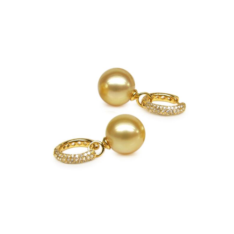 Dormeuses anneaux or jaune diamants pavés - Perles Australie - 1