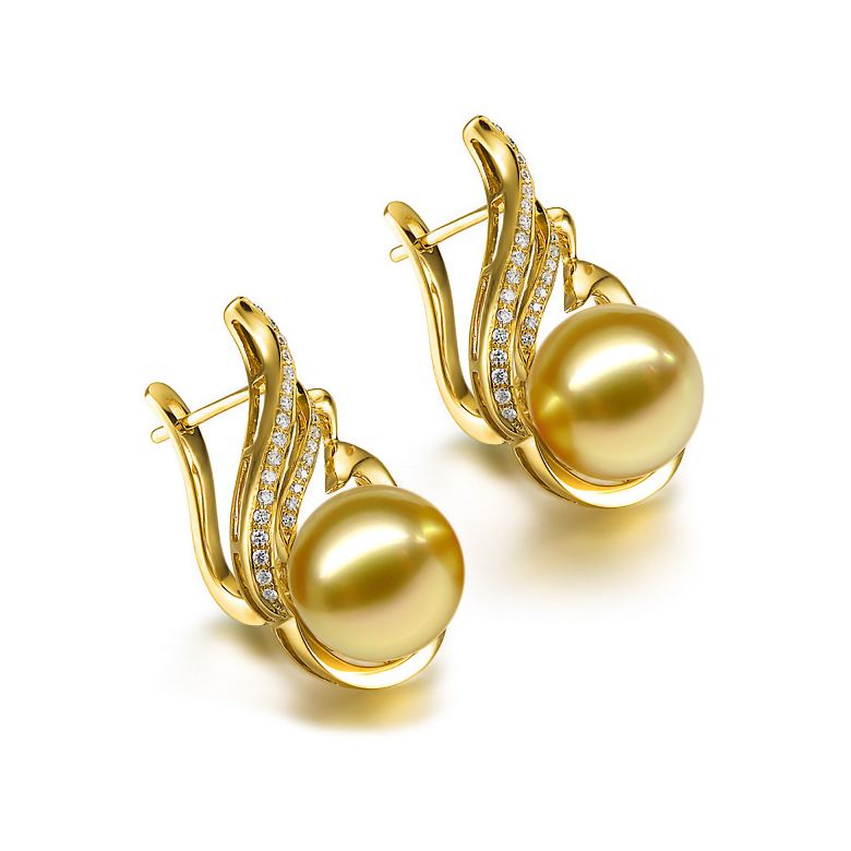 Boucles oreilles paons merveilleux - Perles dorées, diamants, or jaune - 2