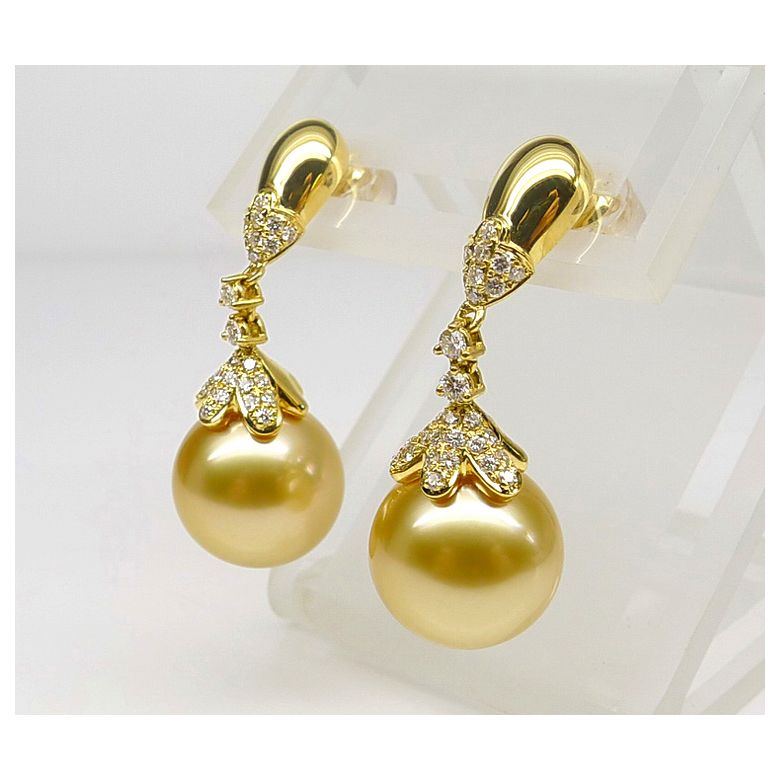 Boucles oreilles lignes Classique. Perles Australie, diamants Or jaune - 2