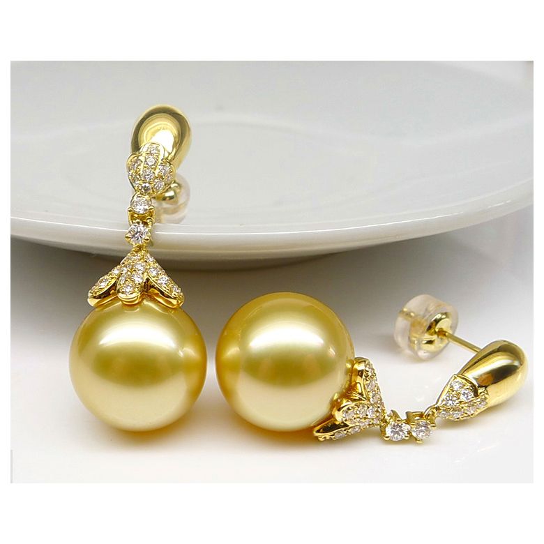 Boucles oreilles lignes Classique. Perles Australie, diamants Or jaune - 5
