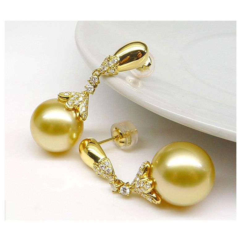 Boucles oreilles lignes Classique. Perles Australie, diamants Or jaune - 6