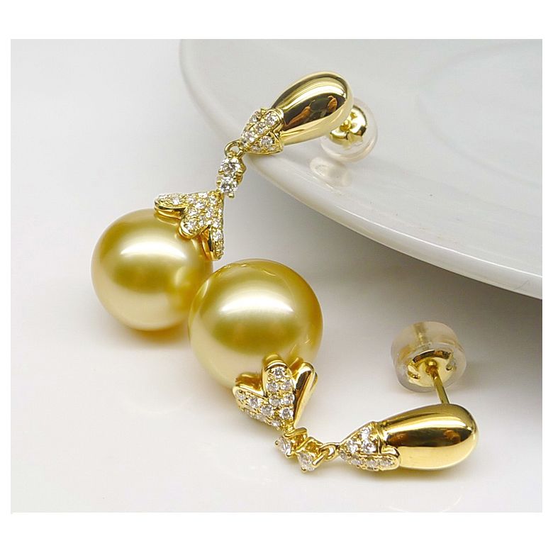 Boucles oreilles lignes Classique. Perles Australie, diamants Or jaune - 4