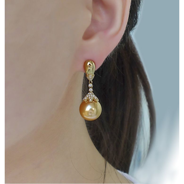 Boucles oreilles lignes Classique. Perles Australie, diamants Or jaune - 3