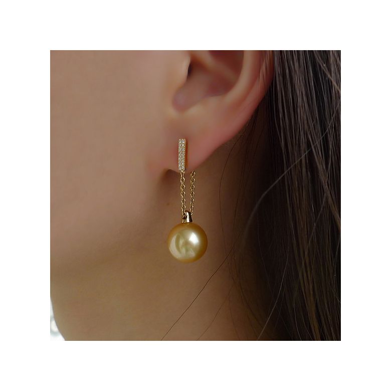 Boucles oreilles pendant Or jaune & perle Australie. Diamants - 3