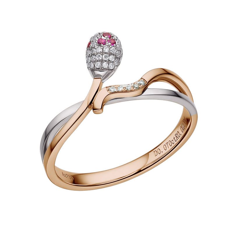 Bague 2 ors - Or blanc et rose - Allumette diamantée - Diamants, rubis - 2