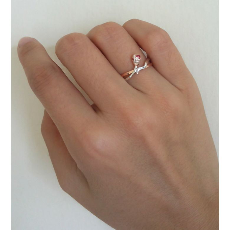 Bague 2 ors - Or blanc et rose - Allumette diamantée - Diamants, rubis - 5