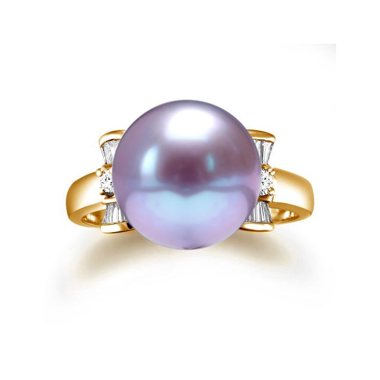 Bague or perle de culture - Perle lavande Chine - Or jaune, diamants - 2