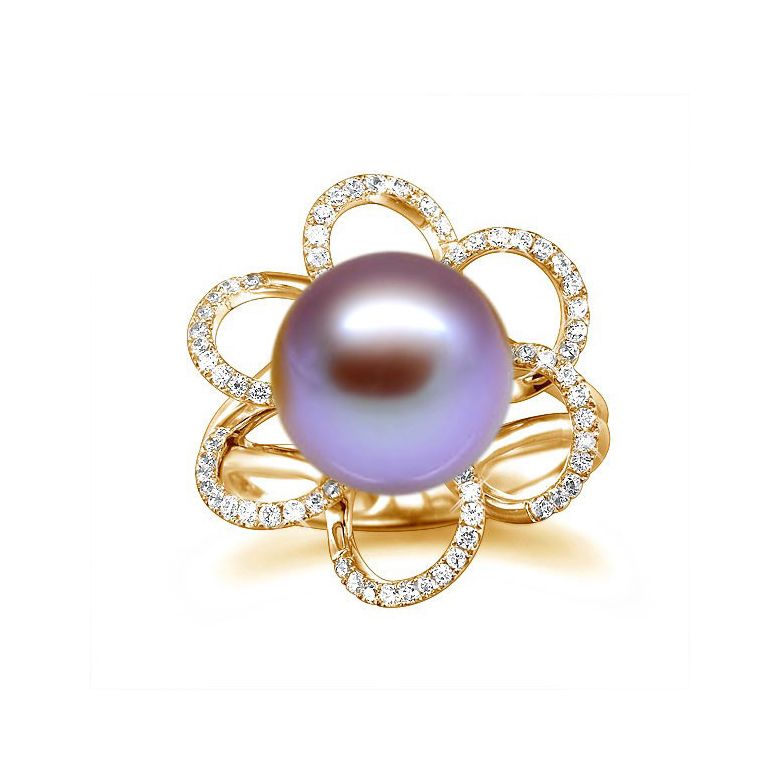Bague fleur perlée lavande - Pétales or jaune - Perle culture Chine - 3