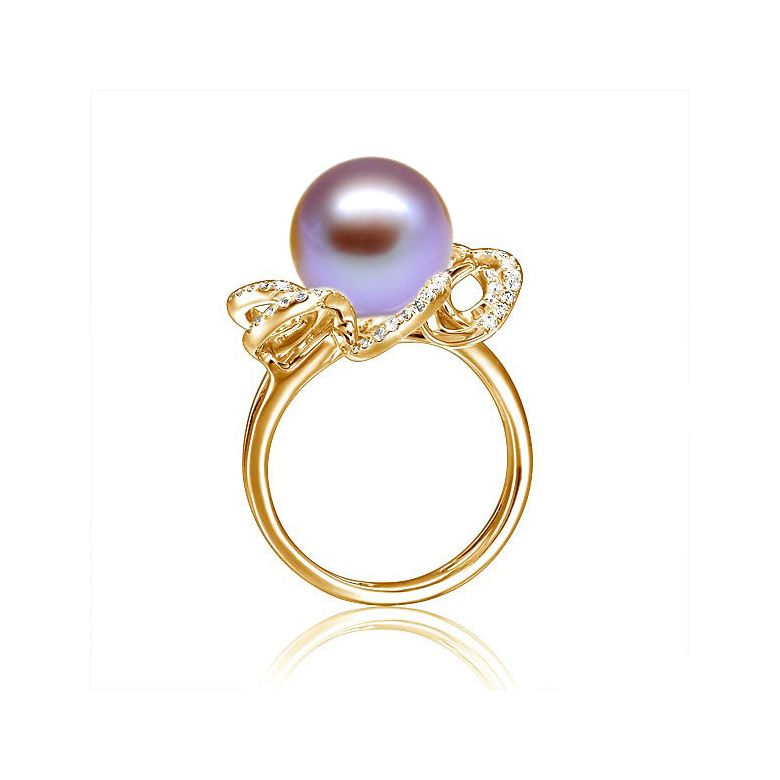 Bague fleur perlée lavande - Pétales or jaune - Perle culture Chine - 4