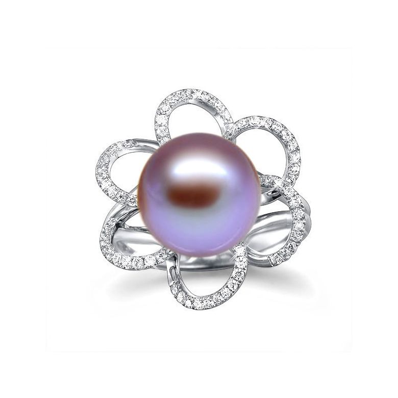 Bague fleur perlée - Pétales or blanc, diamants - Perle lavande chinoise - 2
