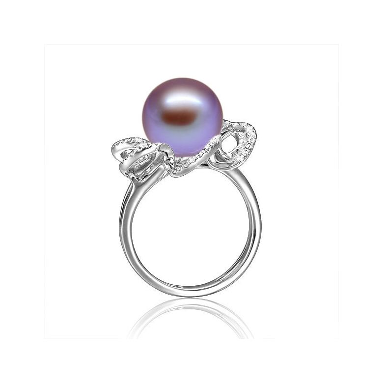 Bague fleur perlée - Pétales or blanc, diamants - Perle lavande chinoise - 3