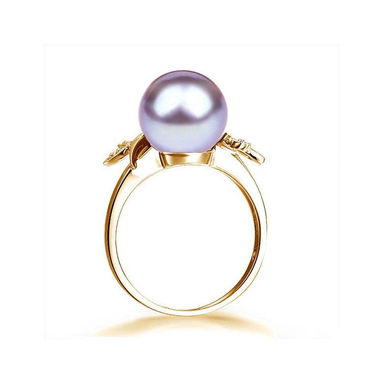 Bague Perle Lavande, Or Jaune Diamant. Feuilles Étincelantes  - 3