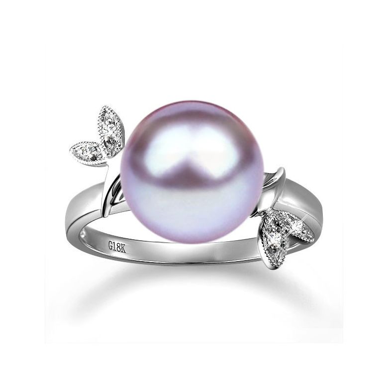 Bague Perle Lavande, Or blanc Diamant. Feuilles Étincelantes  - 2