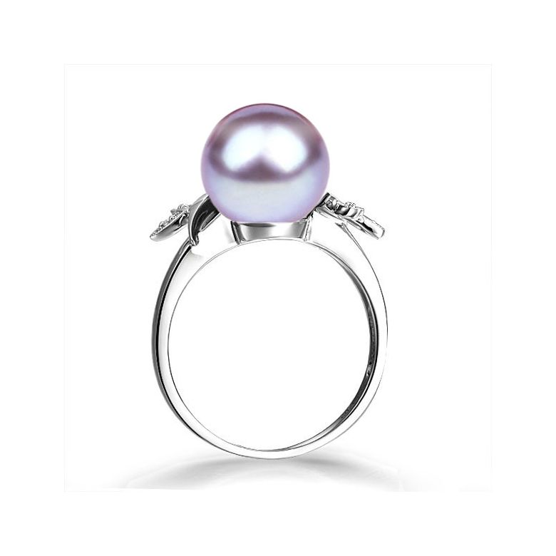 Bague Perle Lavande, Or blanc Diamant. Feuilles Étincelantes  - 3
