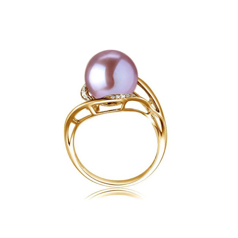 Bague femme perle - Or jaune, diamants - Perle de culture lavande - 2