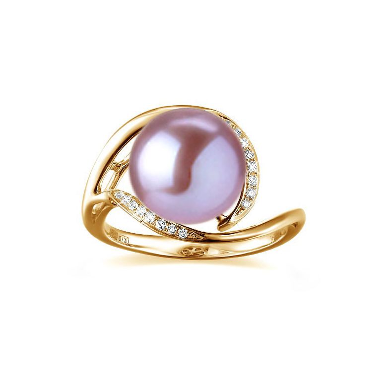 Bague femme perle - Or jaune, diamants - Perle de culture lavande - 3