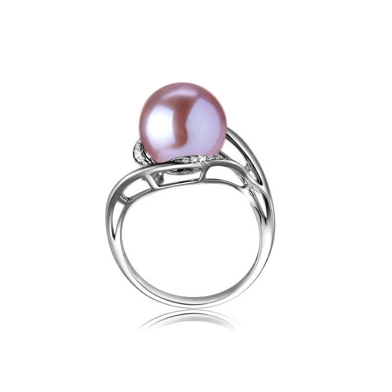 Bague femme perle - Or blanc, diamants - Perle de culture lavande - 2