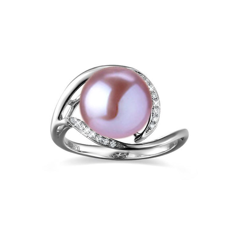 Bague femme perle - Or blanc, diamants - Perle de culture lavande - 3