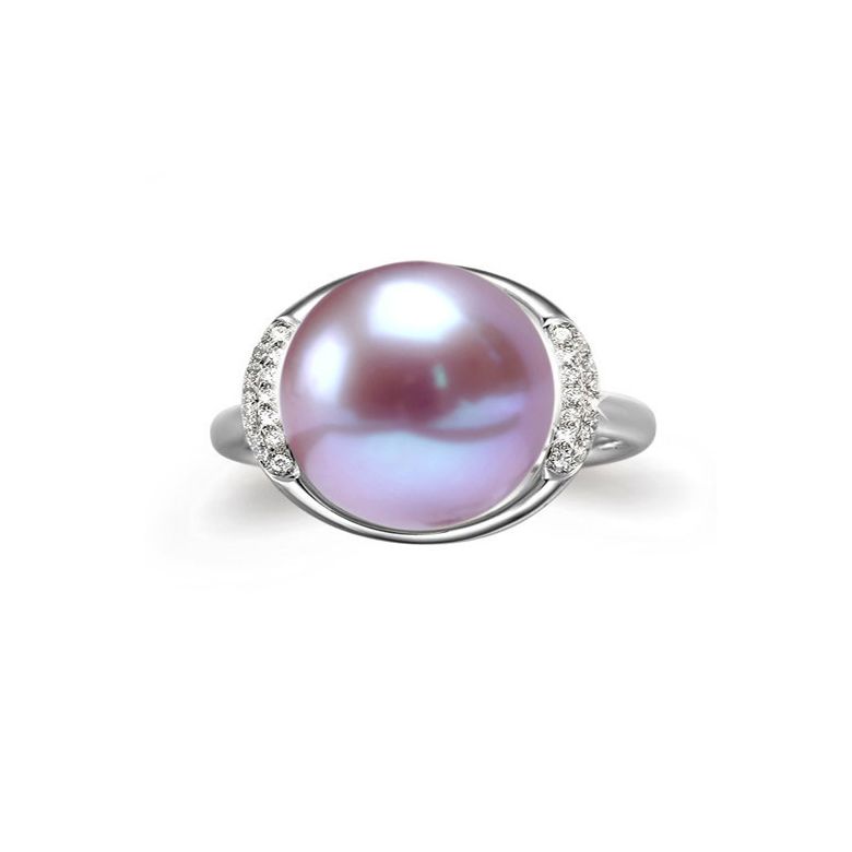Bague perle d'eau douce et or lavande - Plateau circulaire en diamants - 2