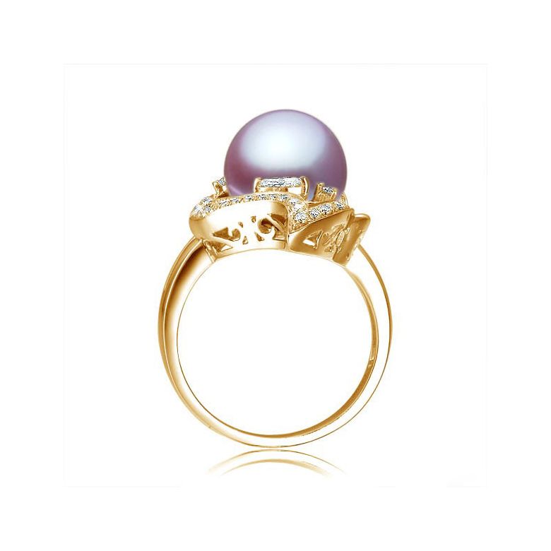 Bague végétale or jaune - Perle eau douce lavande de culture, Diamants - 3