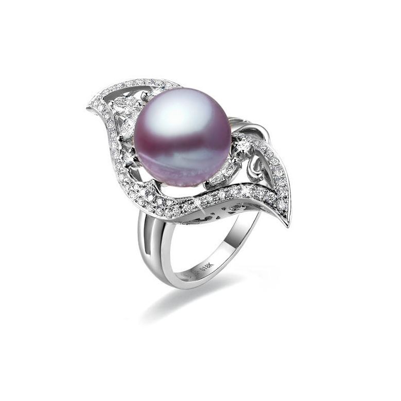 Bague végétale or blanc - Perle eau douce Lavande de culture, Diamants - 1