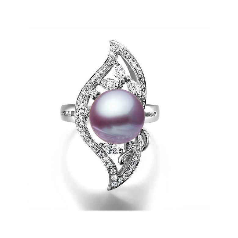 Bague végétale or blanc - Perle eau douce Lavande de culture, Diamants - 2