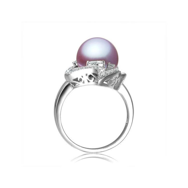 Bague végétale or blanc - Perle eau douce Lavande de culture, Diamants - 3