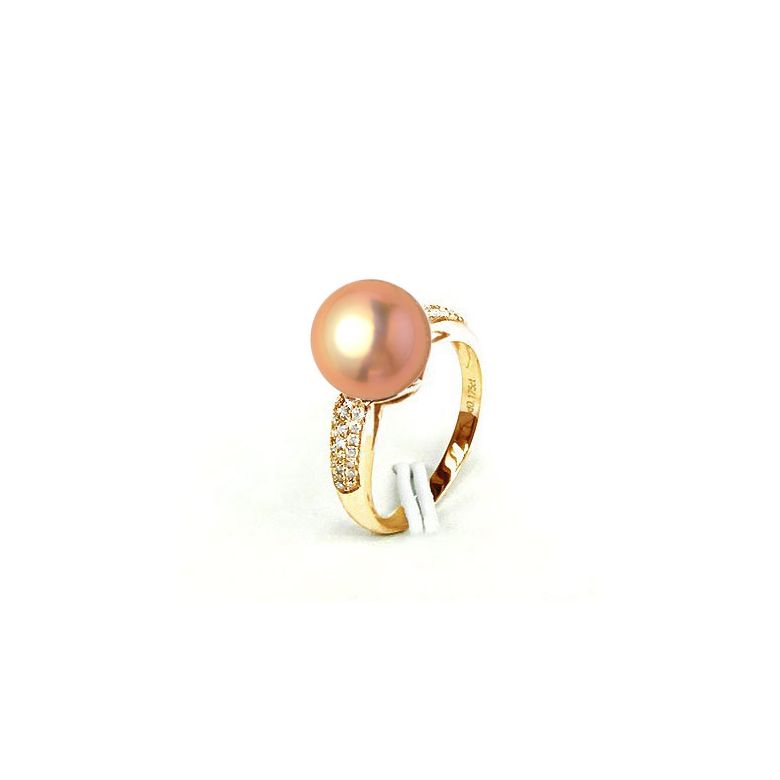 Bague Perle Culture Eau Douce Rose. Or Jaune Diamants - 2