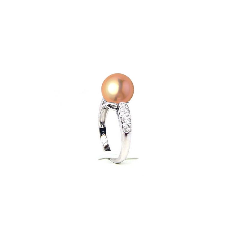 Bague en Perle Culture Eau Douce Rose. Or Blanc Diamants - 3