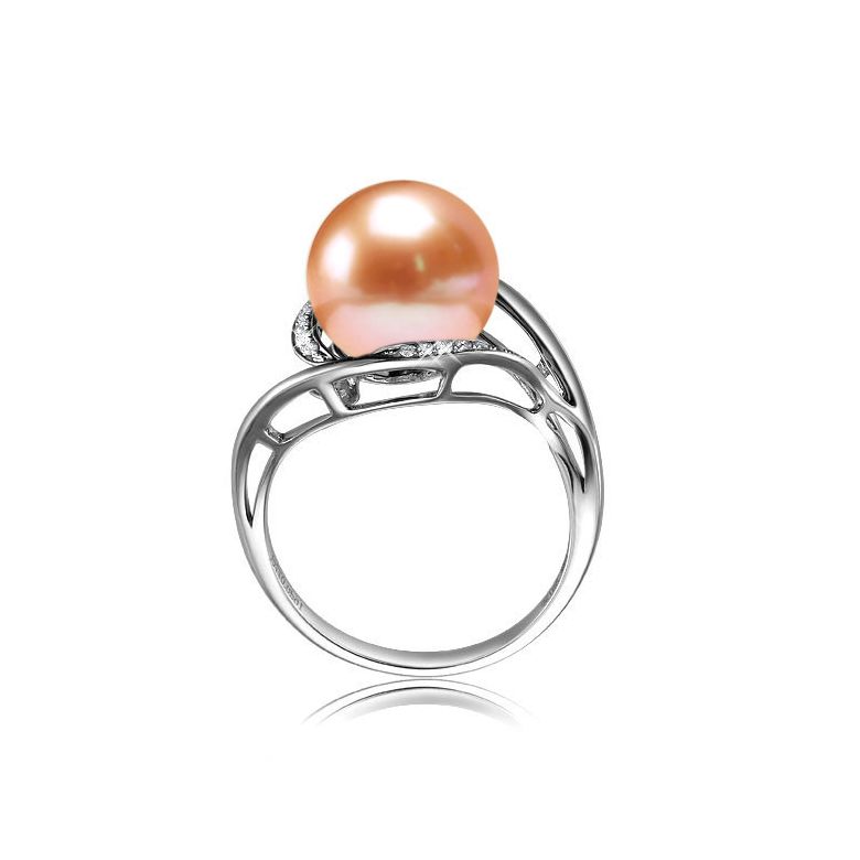 Bague femme perle - Or blanc, diamants - Perle de culture rose - 3