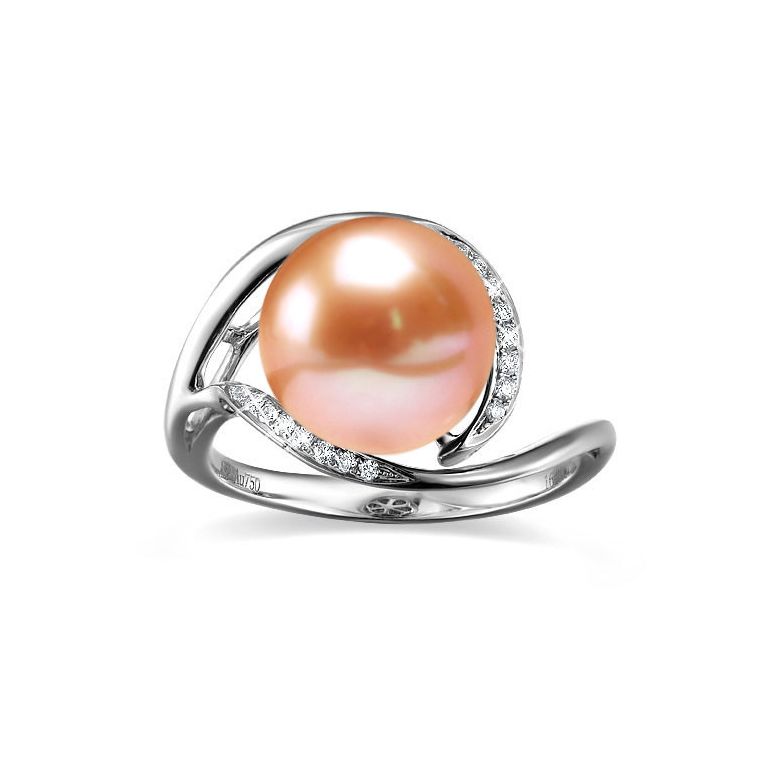 Bague femme perle - Or blanc, diamants - Perle de culture rose - 2