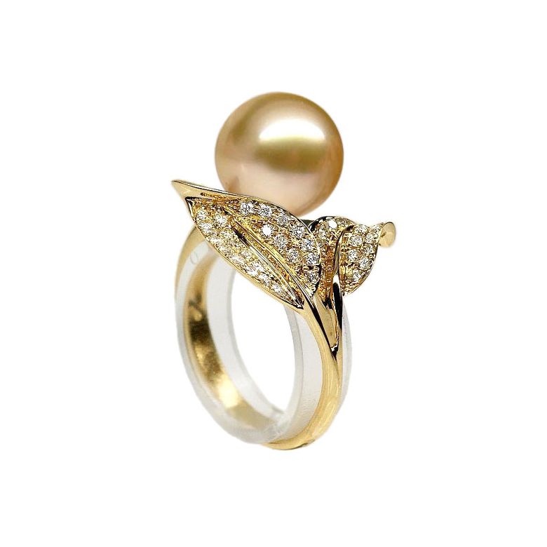 Bague feuilles de jasmin - Perle d'Australie dorée - Or jaune, diamants - 4