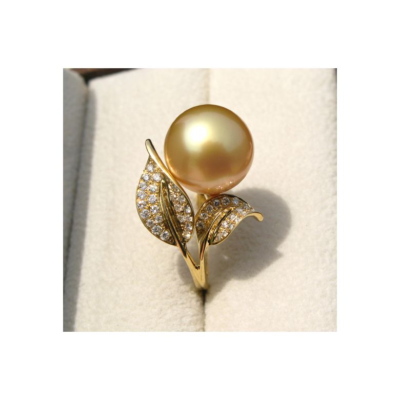 Bague feuilles de jasmin - Perle d'Australie dorée - Or jaune, diamants - 6