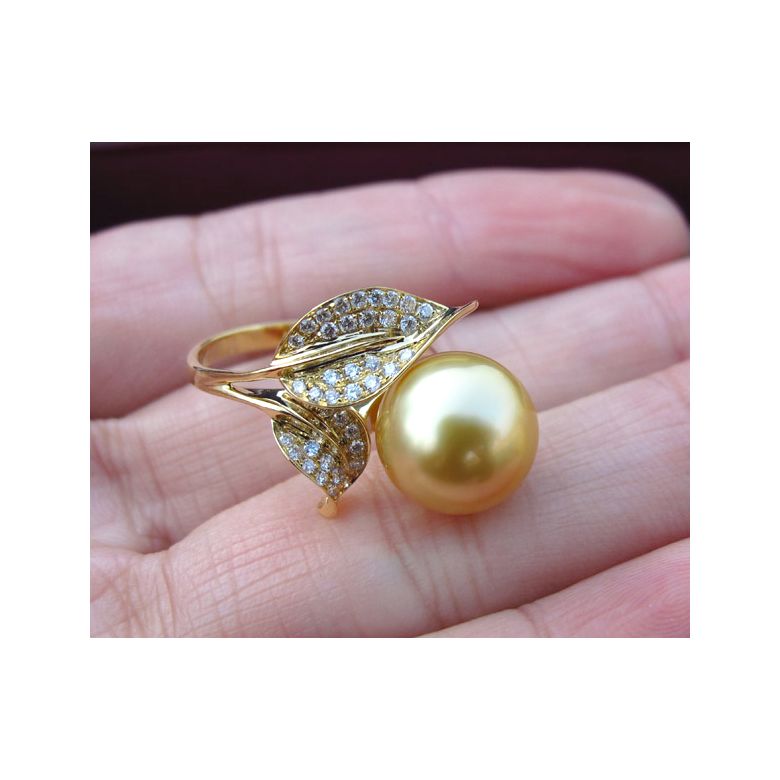 Bague feuilles de jasmin - Perle d'Australie dorée - Or jaune, diamants - 2