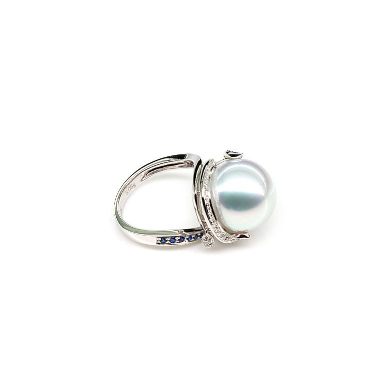 Bague de l'Île Bruny - Perle Australie blanche - Diamants, saphirs - 4