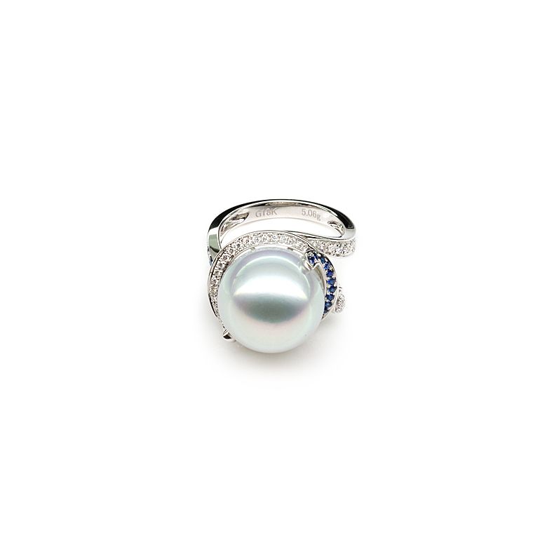 Bague de l'Île Bruny - Perle Australie blanche - Diamants, saphirs - 3