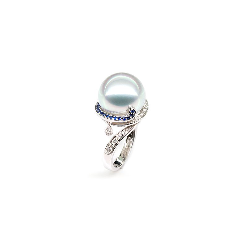 Bague de l'Île Bruny - Perle Australie blanche - Diamants, saphirs - 2