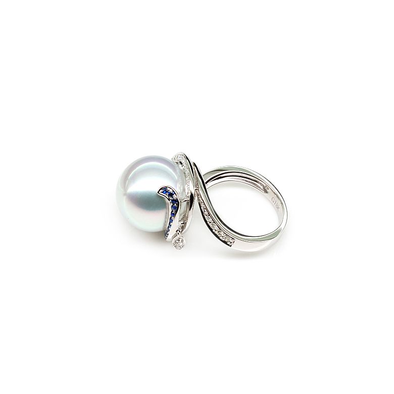 Bague de l'Île Bruny - Perle Australie blanche - Diamants, saphirs - 6