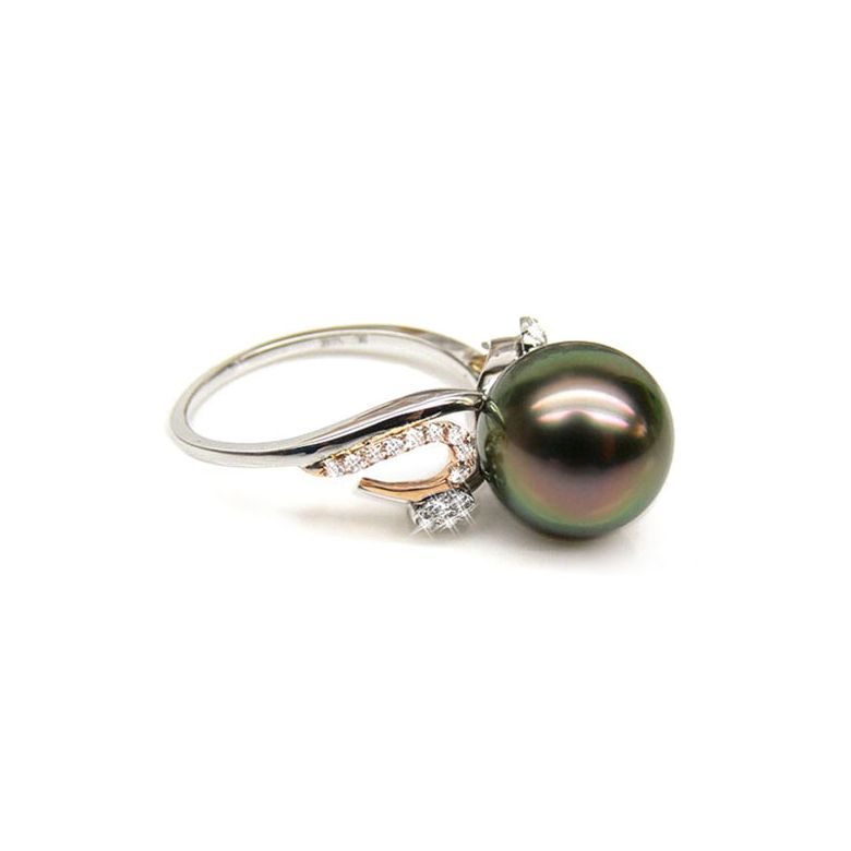 Bague deux ors - Perle de Tahiti noire, paon - Diamants - 1