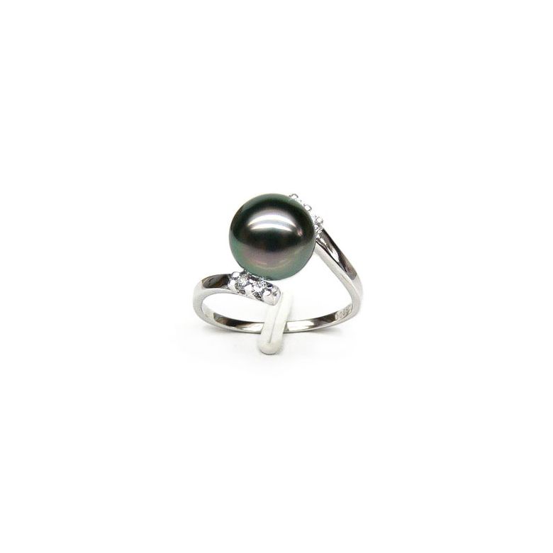 Bague solitaire ondulée - Perle de Tahiti - Or blanc, diamants - 1