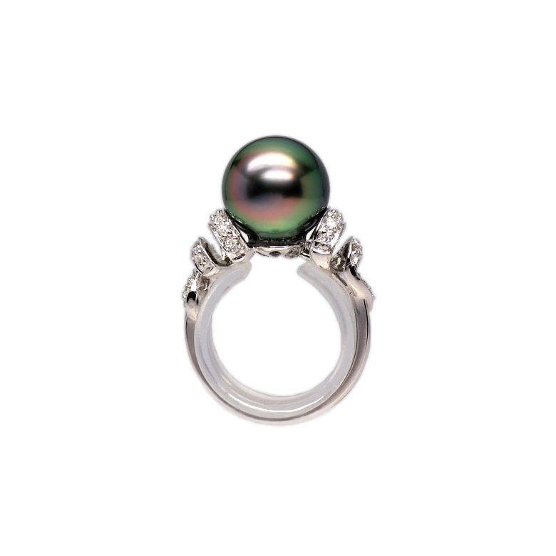 Bague or blanc stylée 2 époques - Perle Tahiti émeraude rosée, Diamants - 1