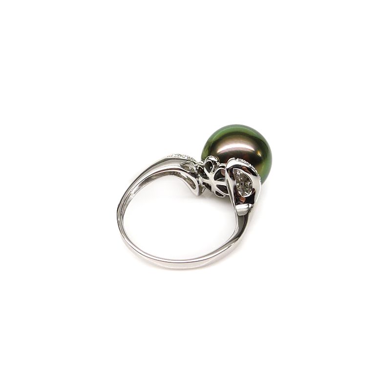 Bague solitaire standing avec sa perle de Tahiti - Or blanc, diamants - 3