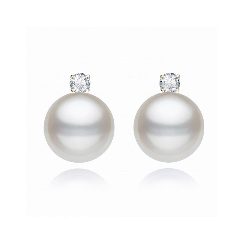 Boucles oreilles perles et puces diamants. Or jaune - 1