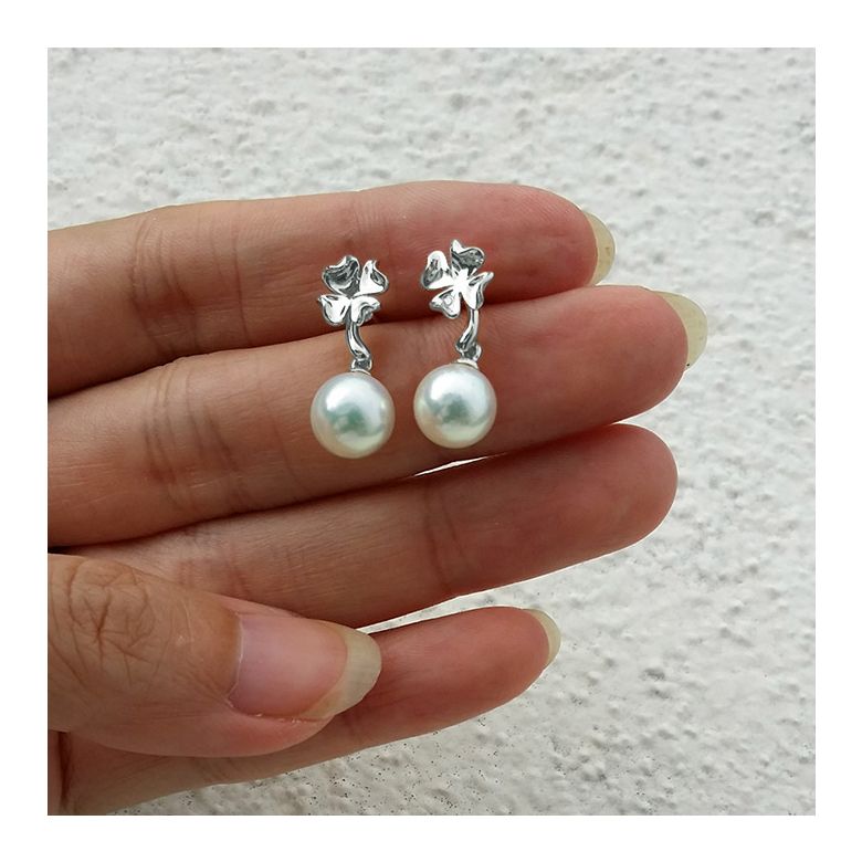 Boucles oreilles pendants - Perles Akoya - AAA - Or blanc et Diamants - 1