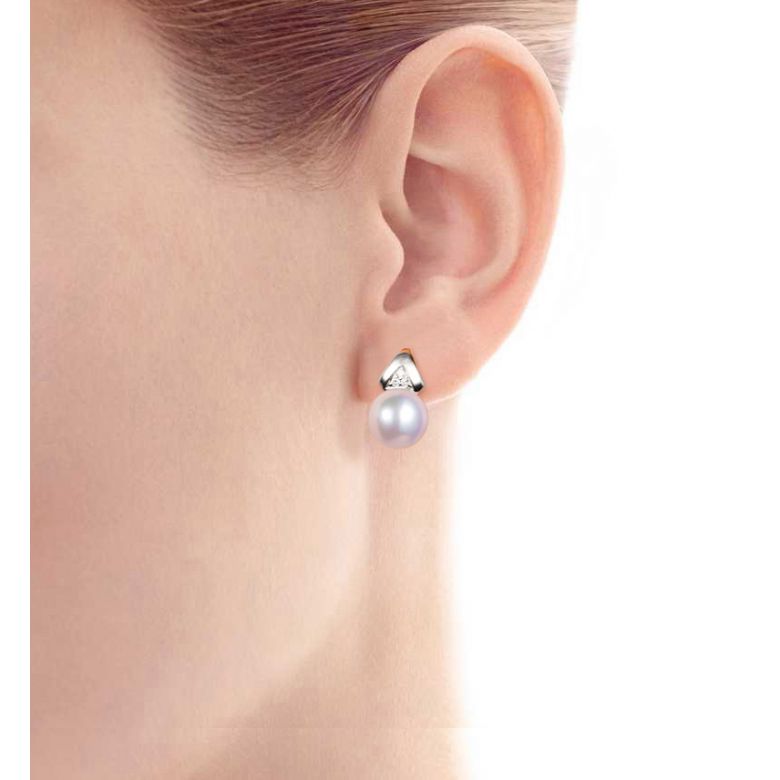 Boucles oreilles triangulaires. Perles Akoya Japon, Or blanc, Diamants - 2