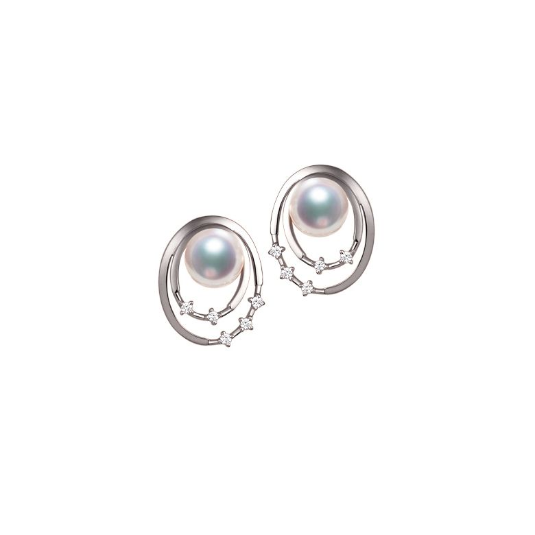 Boucles oreilles perles Akoya, Or blanc, diamants. Motif double cercle - 1