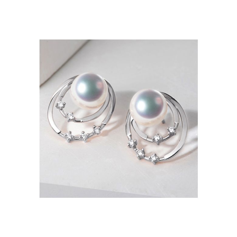 Boucles oreilles perles Akoya, Or blanc, diamants. Motif double cercle - 2