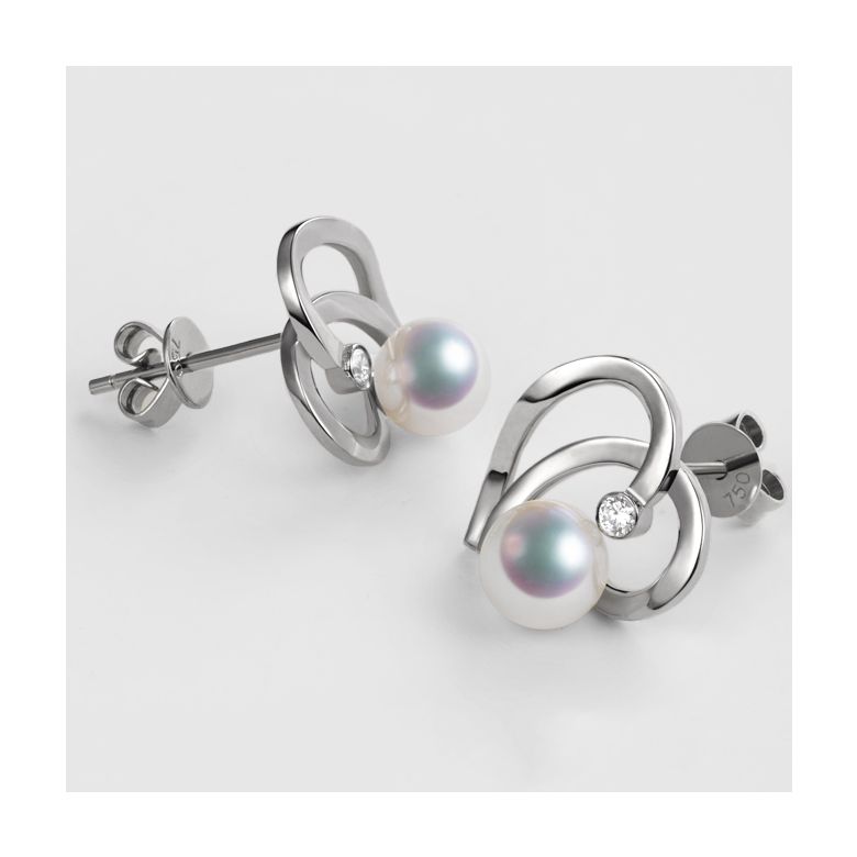 Boucles Coeur contemporain Or blanc. Perles Akoya, Diamants.  - 3