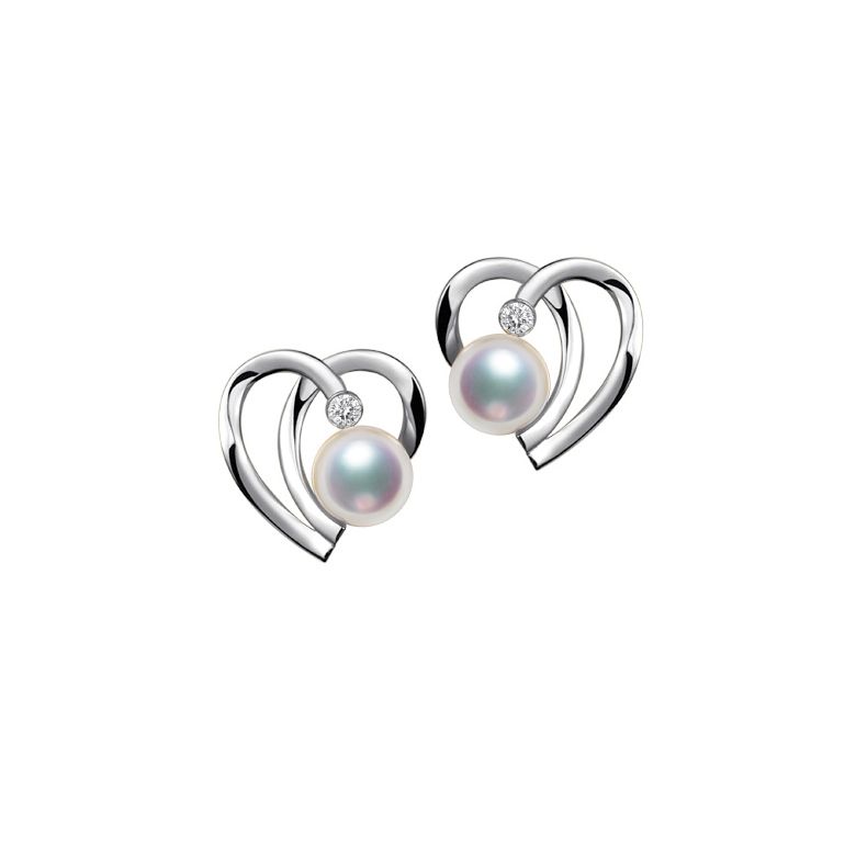 Pendentif et Boucles coeurs stylisés. Perles Akoya, Or blanc - 4