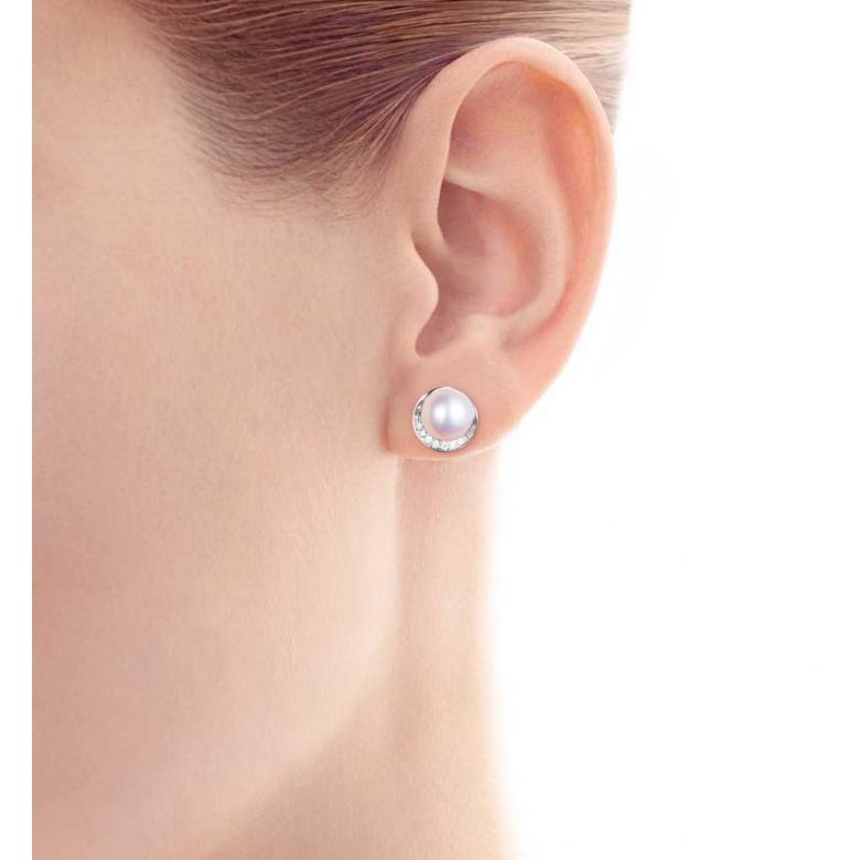 Boucles oreilles couronne Or blanc Diamants. Perles Akoya - 1